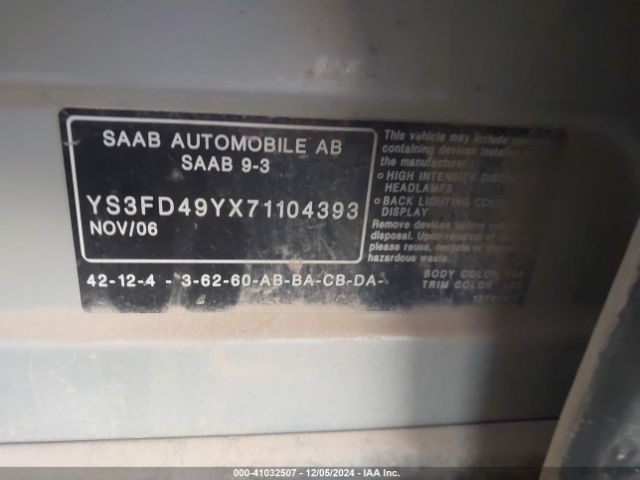 2007 SAAB 9-3 YS3FD49YX71104393 Photo 8