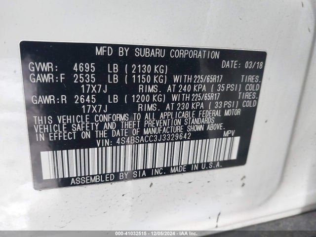 Subaru Outback 2.5i Premium 2018 4S4BSACC3J3329642 Image 9