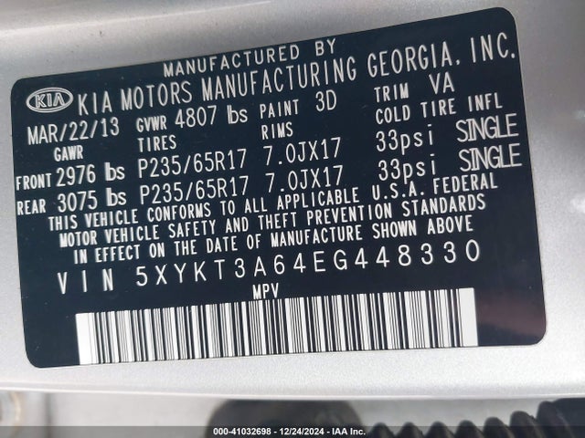 KIA SORENTO LX 2014 5XYKT3A64EG448330 Image 9