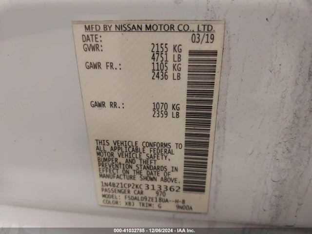 1N4BZ1CP2KC313362 Nissan Leaf Sv Plus