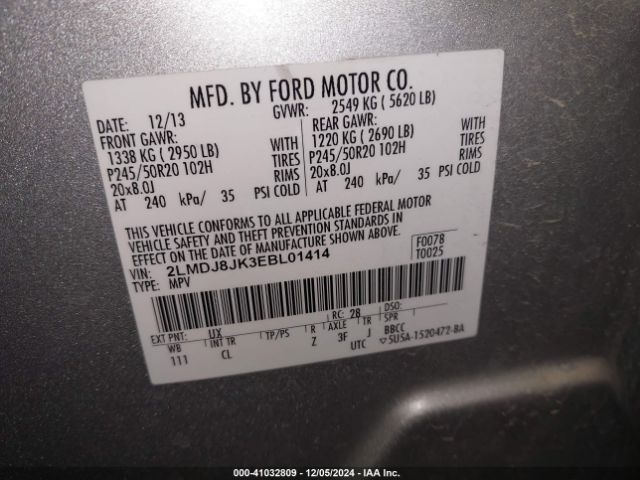 2LMDJ8JK3EBL01414 Lincoln MKX