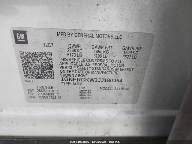 1GNERGKW3JJ180454 Chevrolet Traverse 1lt