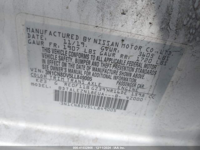 3N1CN8DV5LL849005 Nissan Versa S Xtronic Cvt