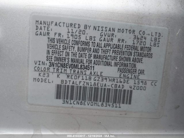 3N1CN8EV0ML834511 Nissan Versa Sv Xtronic Cvt