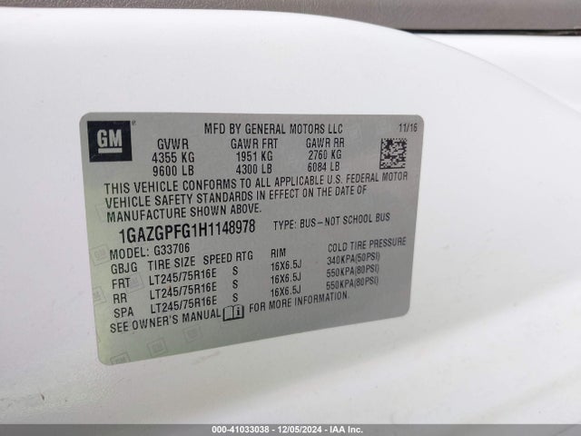 Chevrolet Express 3500 Lt 2017 1GAZGPFG1H1148978 Image 9