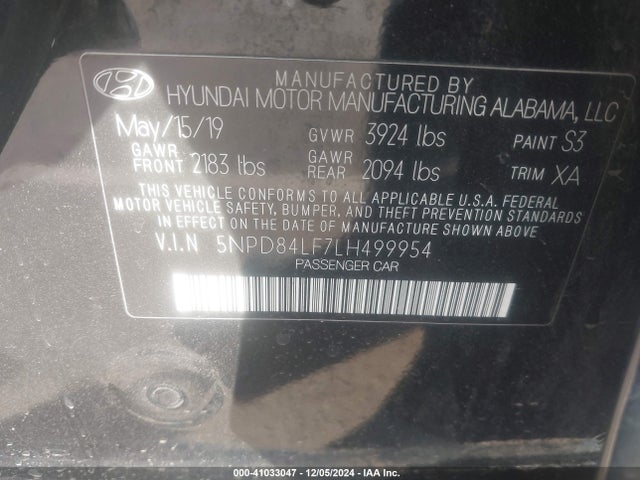 5NPD84LF7LH499954 Hyundai mpi nu