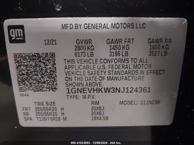 1GNEVHKW3NJ124361 Chevrolet Traverse Awd Lt Leather