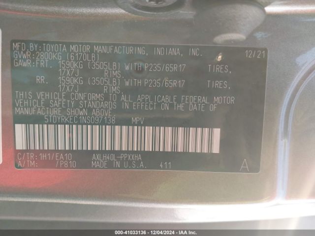 5TDYRKEC1NS097138 Toyota SIENNA XLE