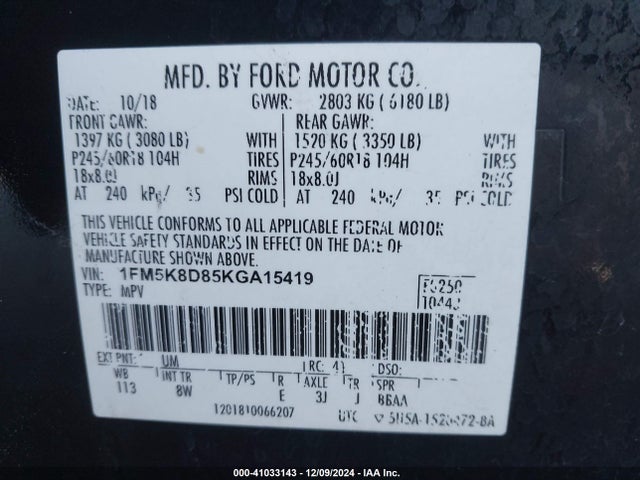 1FM5K8D85KGA15419 Ford EXPLORER XLT