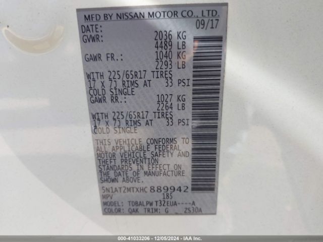 5N1AT2MTXHC889942 Nissan ROGUE S