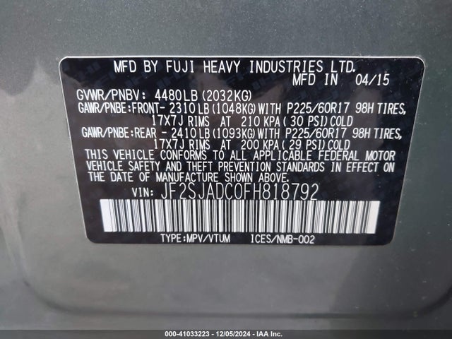 Subaru Forester 2.5i Premium 2015 JF2SJADC0FH818792 Image 9