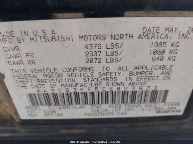 2012 MITSUBISHI GALANT 4A32B3FF5CE023973 Photo 8