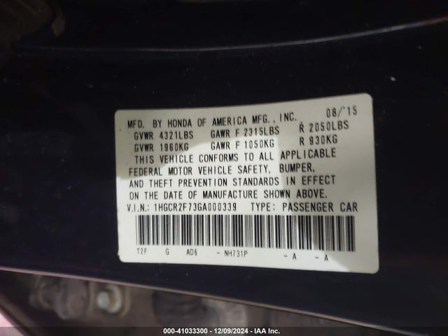 Honda ACCORD EX 2016 1HGCR2F73GA000339 Image 9