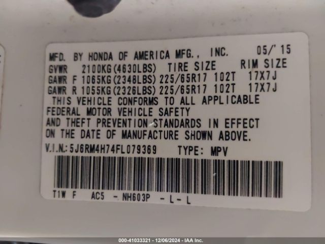 5J6RM4H74FL079369 Honda Cr-v Ex-l