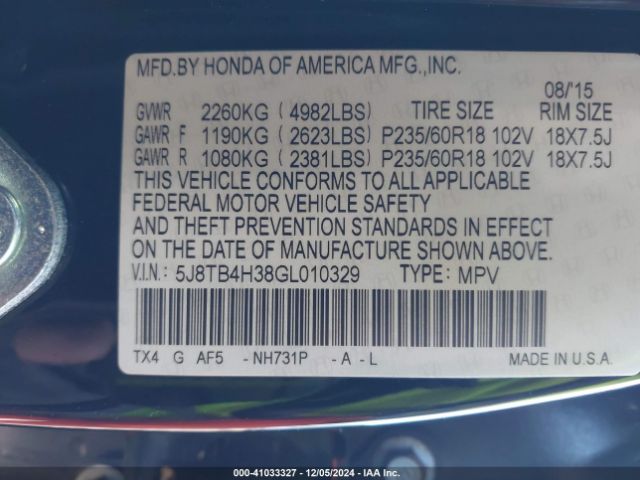 5J8TB4H38GL010329 Acura Rdx Acurawatch Plus Package