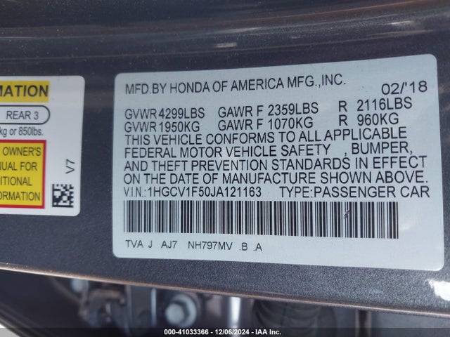 Honda Accord Ex-l 2018 1HGCV1F50JA121163 Image 9