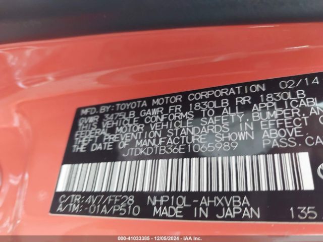 JTDKDTB36E1065989 Toyota Prius C Two