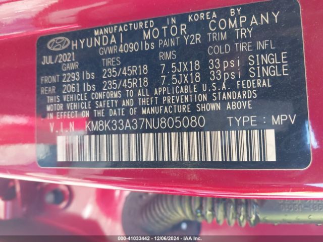 2022 HYUNDAI KONA KM8K33A37NU805080 Photo 8