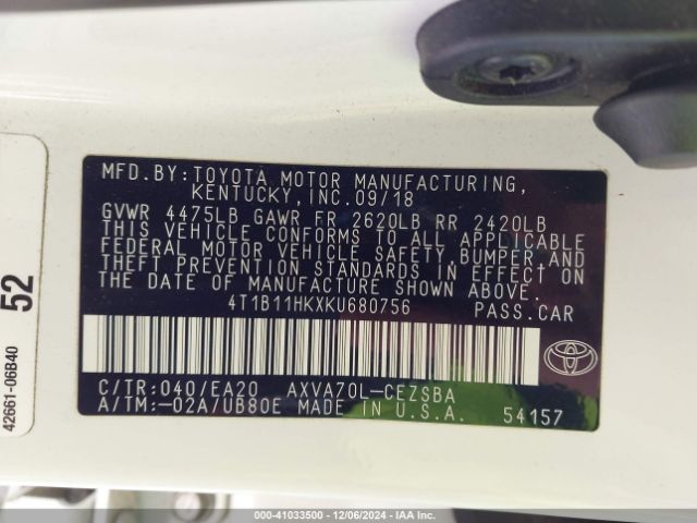 4T1B11HKXKU680756 Toyota CAMRY SE