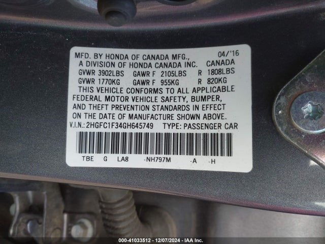 Honda Civic Ex-t 2016 2HGFC1F34GH645749 Image 9