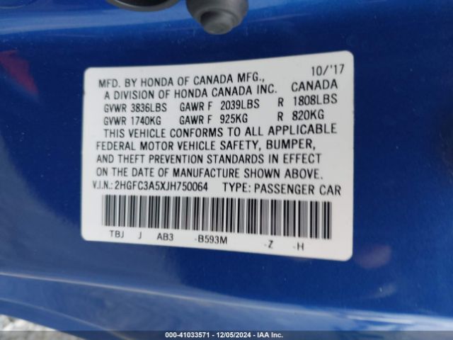 2HGFC3A5XJH750064 Honda CIVIC SI