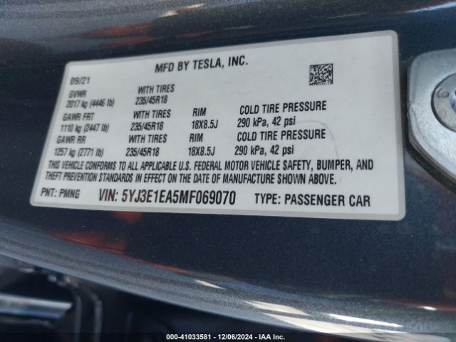 5YJ3E1EA5MF069070 Tesla Model 3 Standard Range Plus Rear-wheel Drive