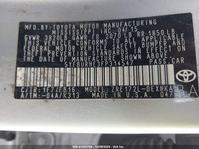 Toyota COROLLA LE 2015 5YFBURHE3FP314547 Image 9