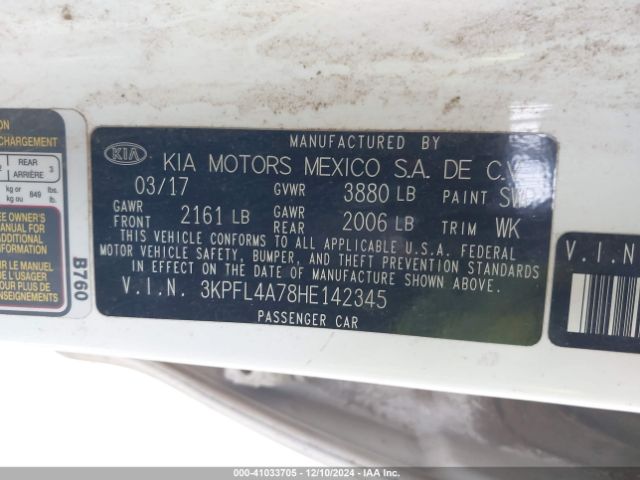 3KPFL4A78HE142345 KIA FORTE LX