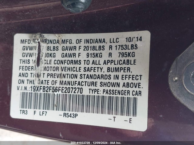 Honda Civic Lx 2015 19XFB2F56FE207270 Image 9