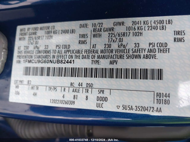 Ford ESCAPE SE 2022 1FMCU9G60NUB82441 Image 9