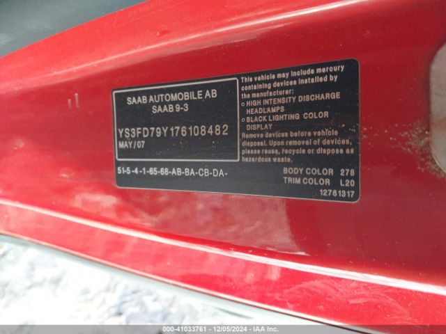 2007 SAAB 9-3 YS3FD79Y176108482 Photo 8