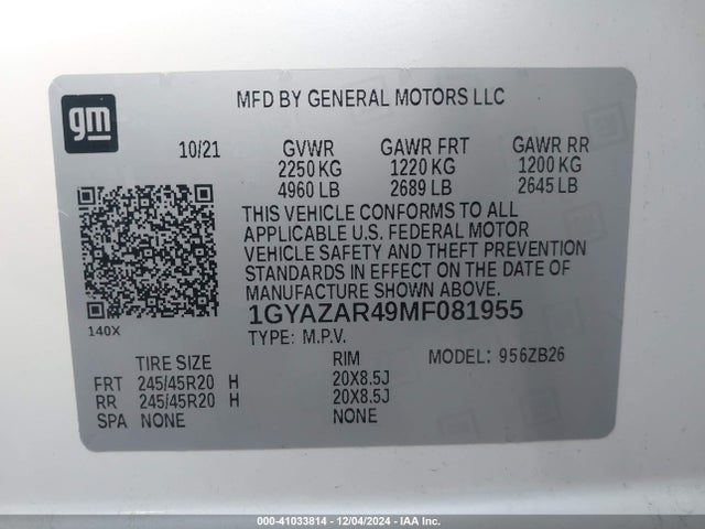 1GYAZAR49MF081955 Cadillac Xt4 Fwd Luxury