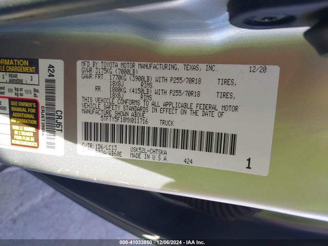 Toyota Tundra Sr 2021 5TFTY5F18MX011716 Image 9