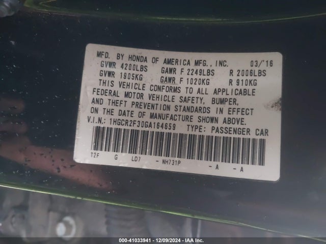 Honda ACCORD LX 2016 1HGCR2F30GA164659 Image 9