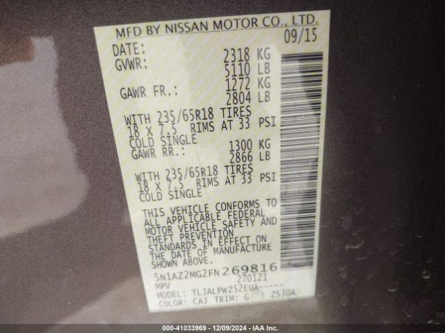 5N1AZ2MG2FN269816 Nissan MURANO S