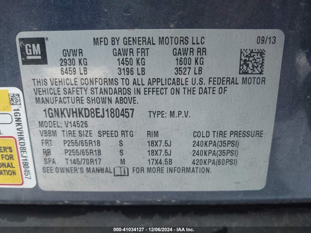1GNKVHKD8EJ180457 Chevrolet Traverse 2lt