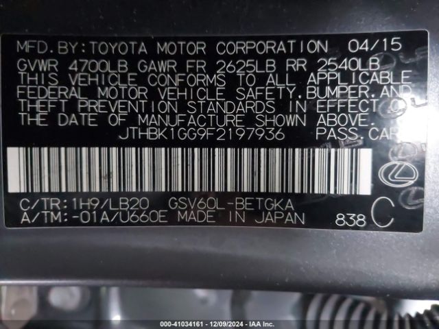 JTHBK1GG9F2197936 Lexus ES 350
