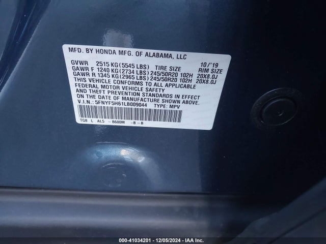 5FNYF5H61LB009044 Honda Pilot 2wd Touring 7 Passenger