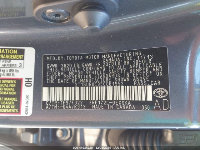 2T1BURHE8EC061952 Toyota Corolla L/le/le Pls/prm/s/s Pls