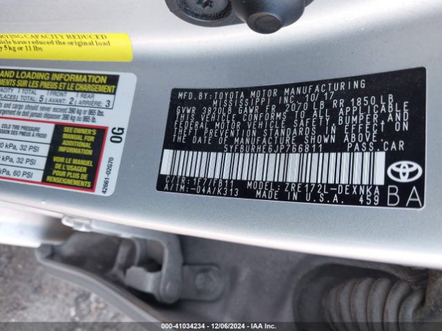 5YFBURHE6JP766811 Toyota COROLLA LE