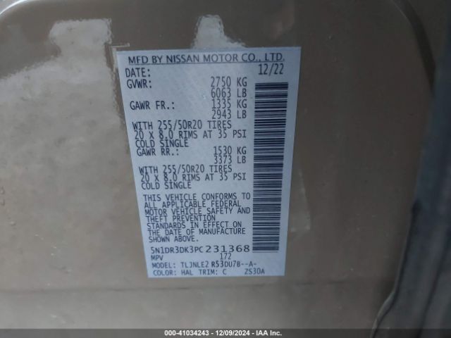 5N1DR3DK3PC231368 Nissan Pathfinder Platinum 4wd