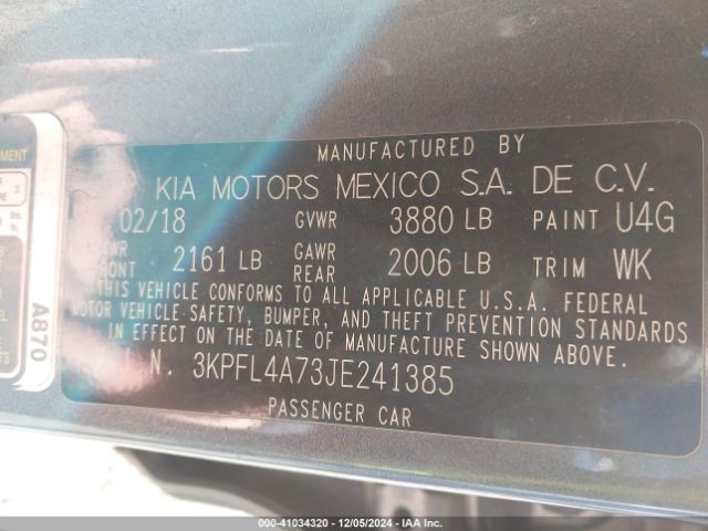 3KPFL4A73JE241385 KIA FORTE S