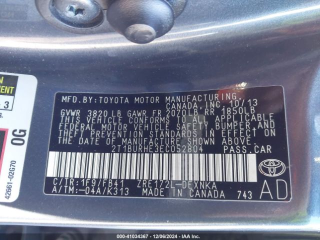 2T1BURHE3EC052804 Toyota Corolla L/le/le Pls/prm/s/s Pls