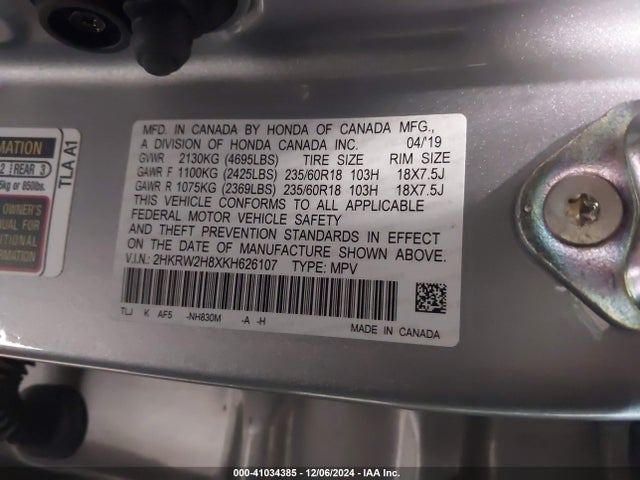 Honda Cr-v Ex-l 2019 2HKRW2H8XKH626107 Image 9