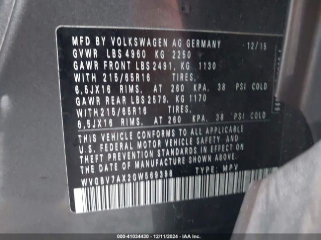 WVGBV7AX2GW569398 Volkswagen TIGUAN S