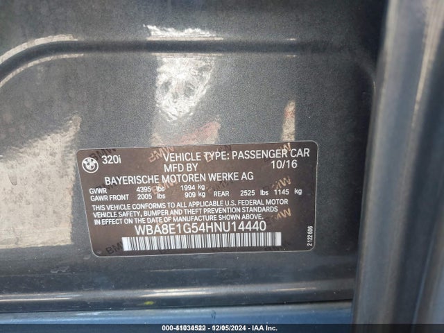 Продаж на аукціоні авто 2017 Bmw 320i, vin: WBA8E1G54HNU14440, номер лоту: 41034522