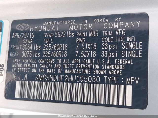 KM8SNDHF2HU195030 Hyundai Santa Fe Limited