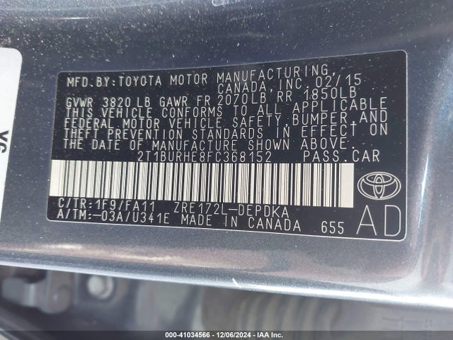 2T1BURHE8FC368152 Toyota COROLLA L
