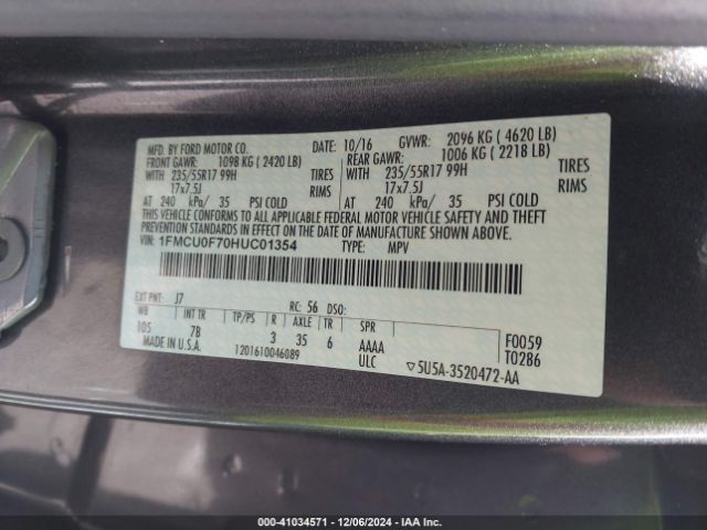 1FMCU0F70HUC01354 Ford ESCAPE S