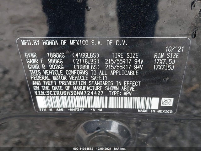 Honda Hr-v Awd Lx 2022 3CZRU6H30NM724427 Image 9